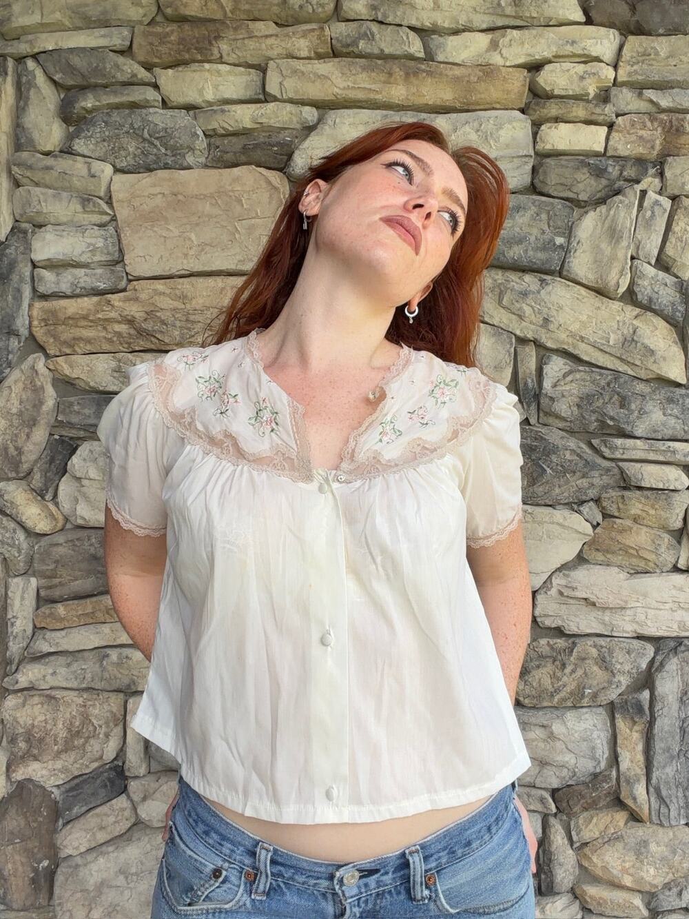 Reworked Vintage Ivory Embroidered Cropped Top Cottagecore